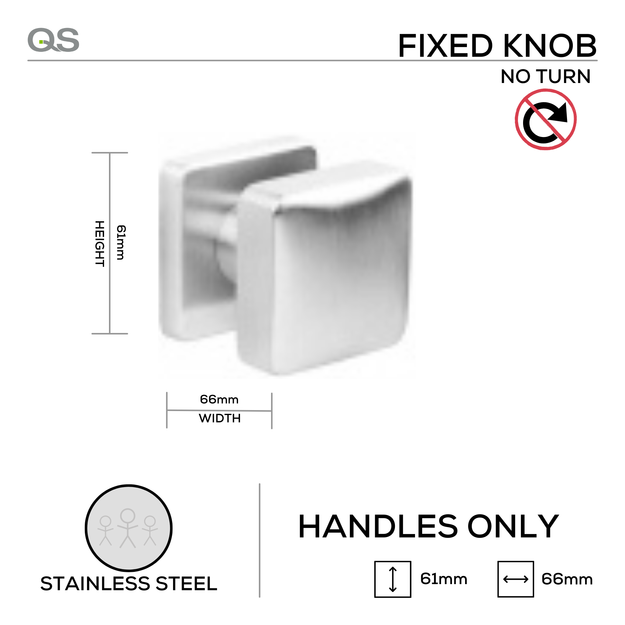 QS3815, Knob Handle, Fixed Square Raised, Stainless Steel, QS