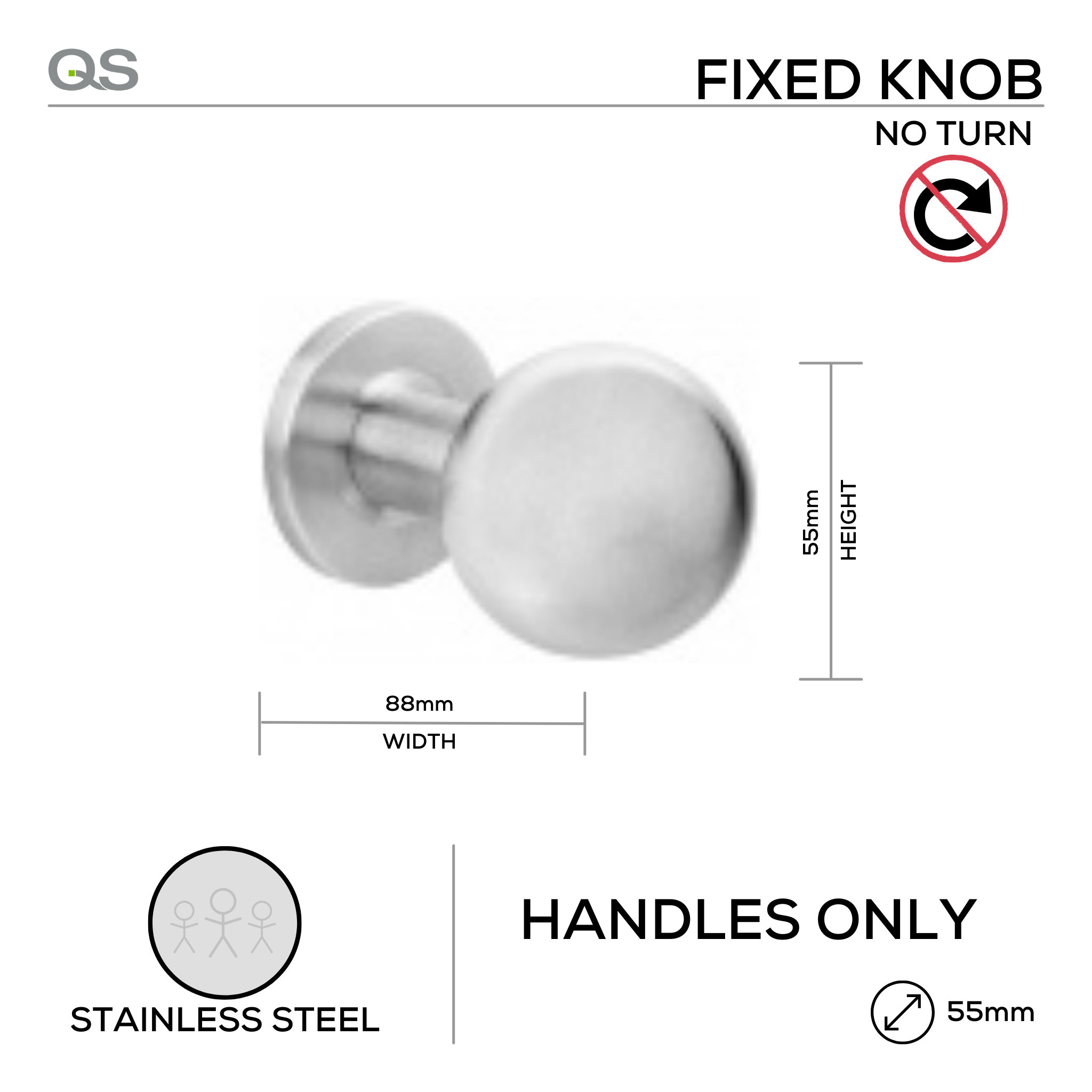 QS3820, Knob Handle, Fixed Round Ball, Stainless Steel, QS