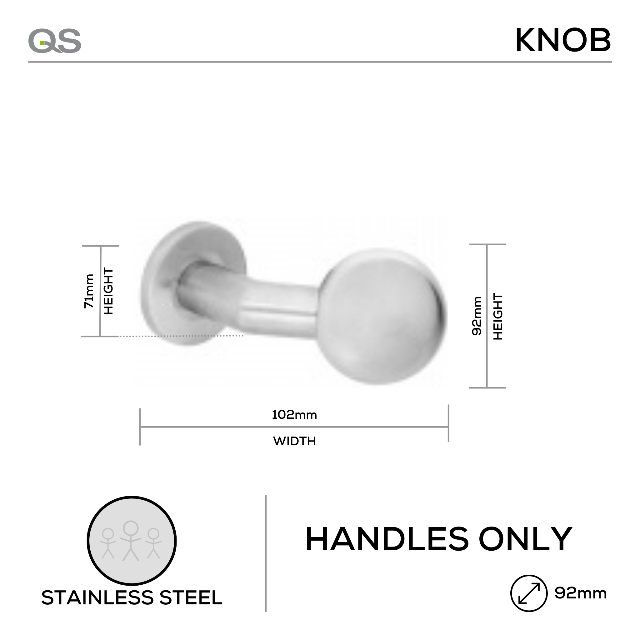 QS3825, Knob Handle, Rotating Round Ball, Stainless Steel, QS