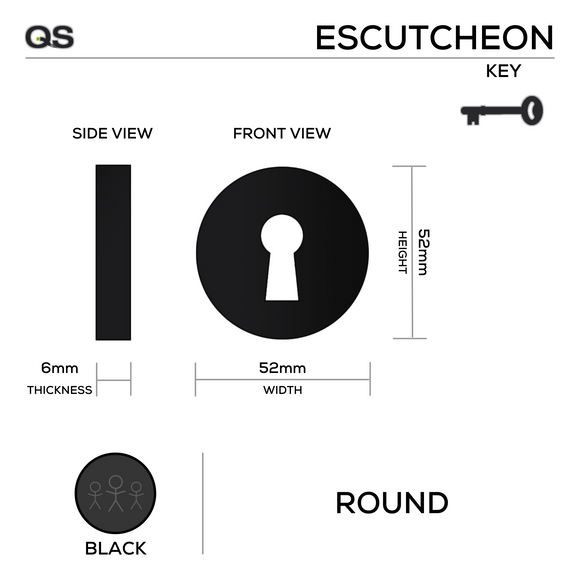 Round Rose Keyhole Escutcheon, 52mm x 6mm, Stainless Steel, Black or PVD Brass - QS