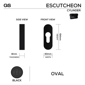 Oval Rose Cylinder Escutcheon, 64mm x 30mm, Black - QS