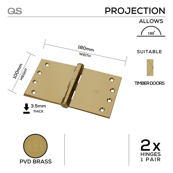 QS4412/2PVD, Projection Hinge, 2 x Hinges (1 Pair), 100mm (h) x 180mm (w) x 3.5mm (t), PVD Brass, QS