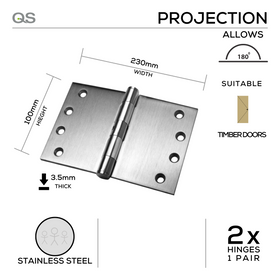 QS4412/4 230mm, Projection Hinge, 2 x Hinges (1 Pair), 100mm (h) x 230mm (w) x 3.5mm (t), Stainless Steel, QS