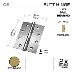 QS4417PVD, Butt Hinge, 2 x Hinges (1 Pair), 100mm (h) x 76mm (w) x 2mm (t), PVD Brass, QS