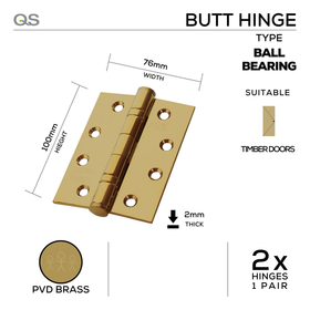 QS4417PVD, Butt Hinge, 2 x Hinges (1 Pair), 100mm (h) x 76mm (w) x 2mm (t), PVD Brass, QS