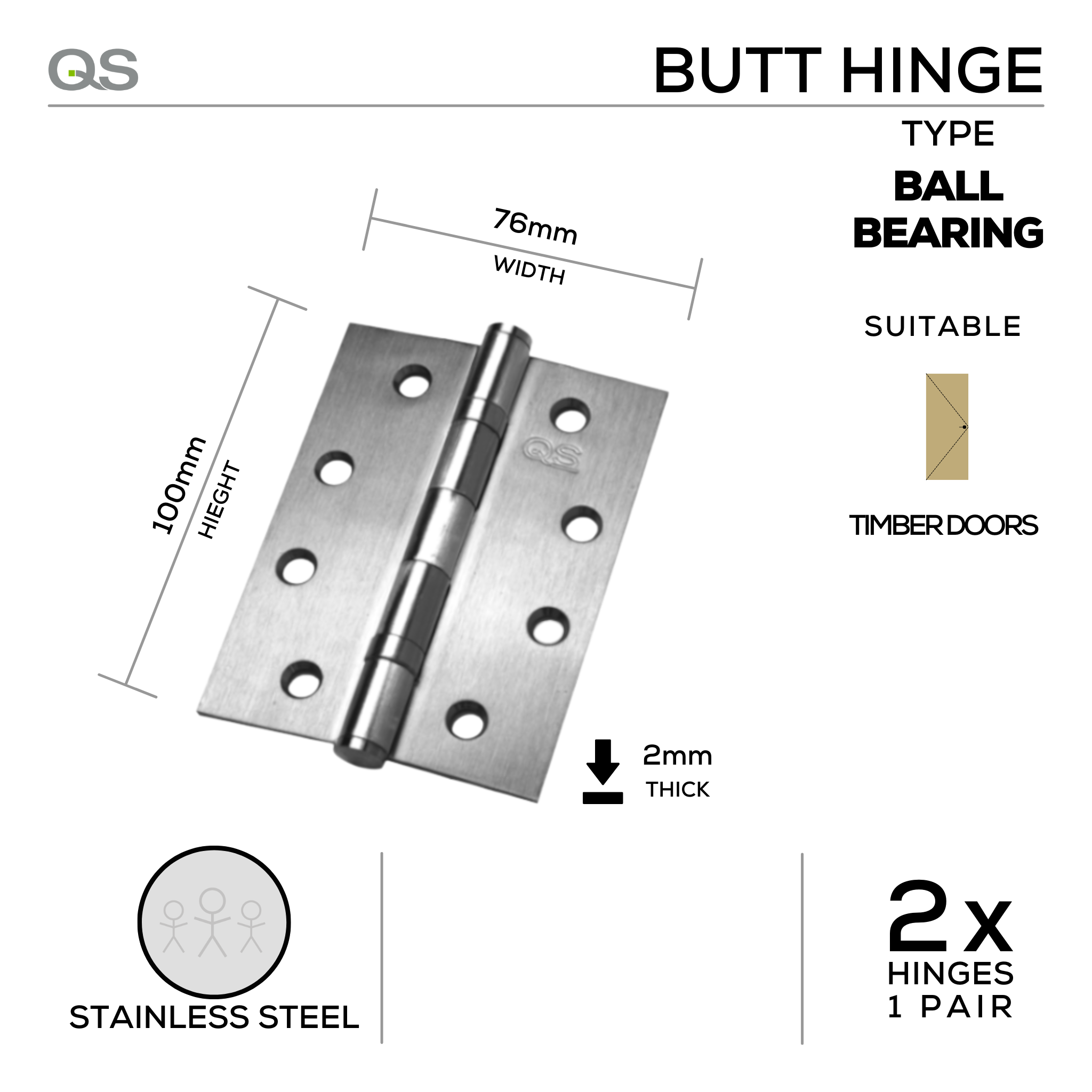 QS4417b, Butt Hinge, 2 x Hinges (1 Pair), 100mm (h) x 76mm (w) x 2mm (t), Stainless Steel, QS
