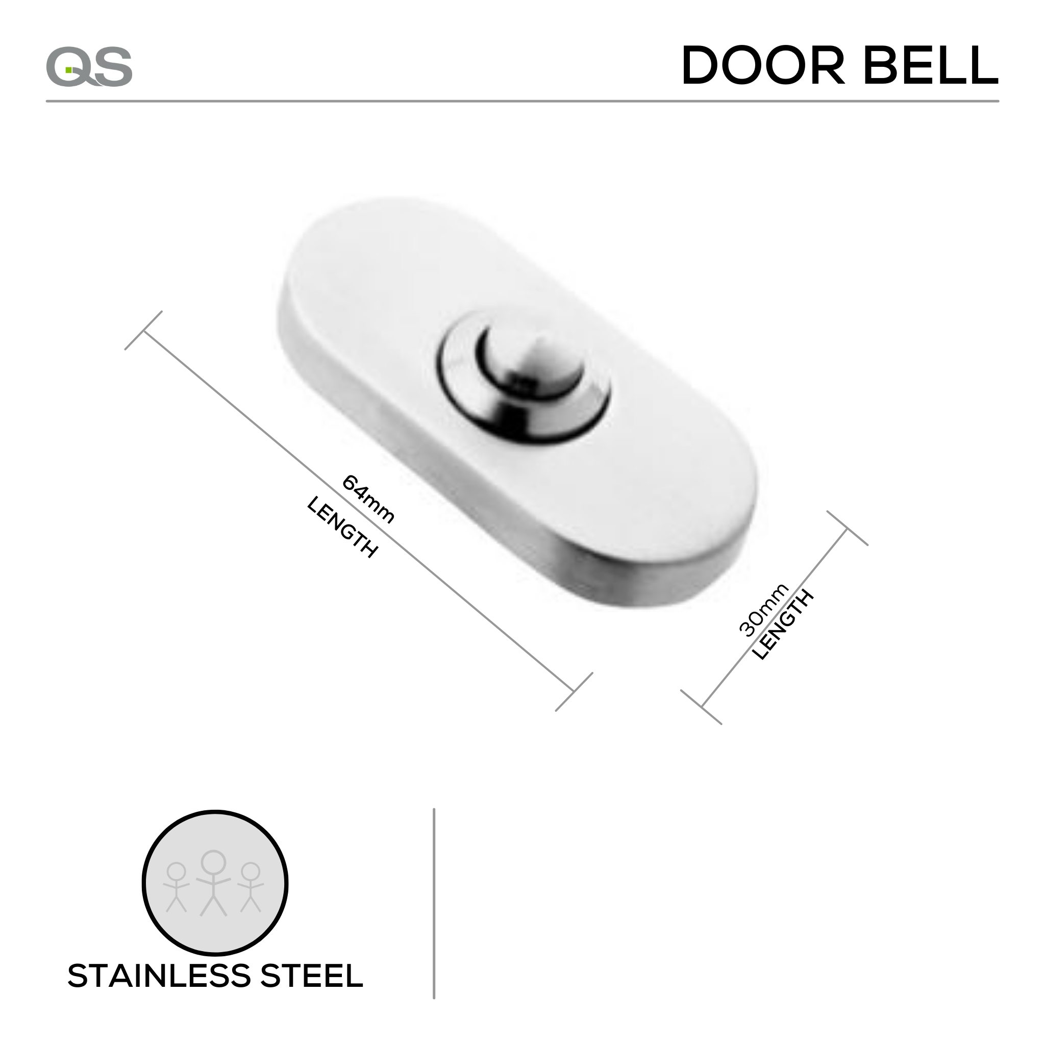 QS4466, Door Bell, 65mm (l) x mm (Ø) x 30mm (w), On Oval Rose, Stainless Steel, QS