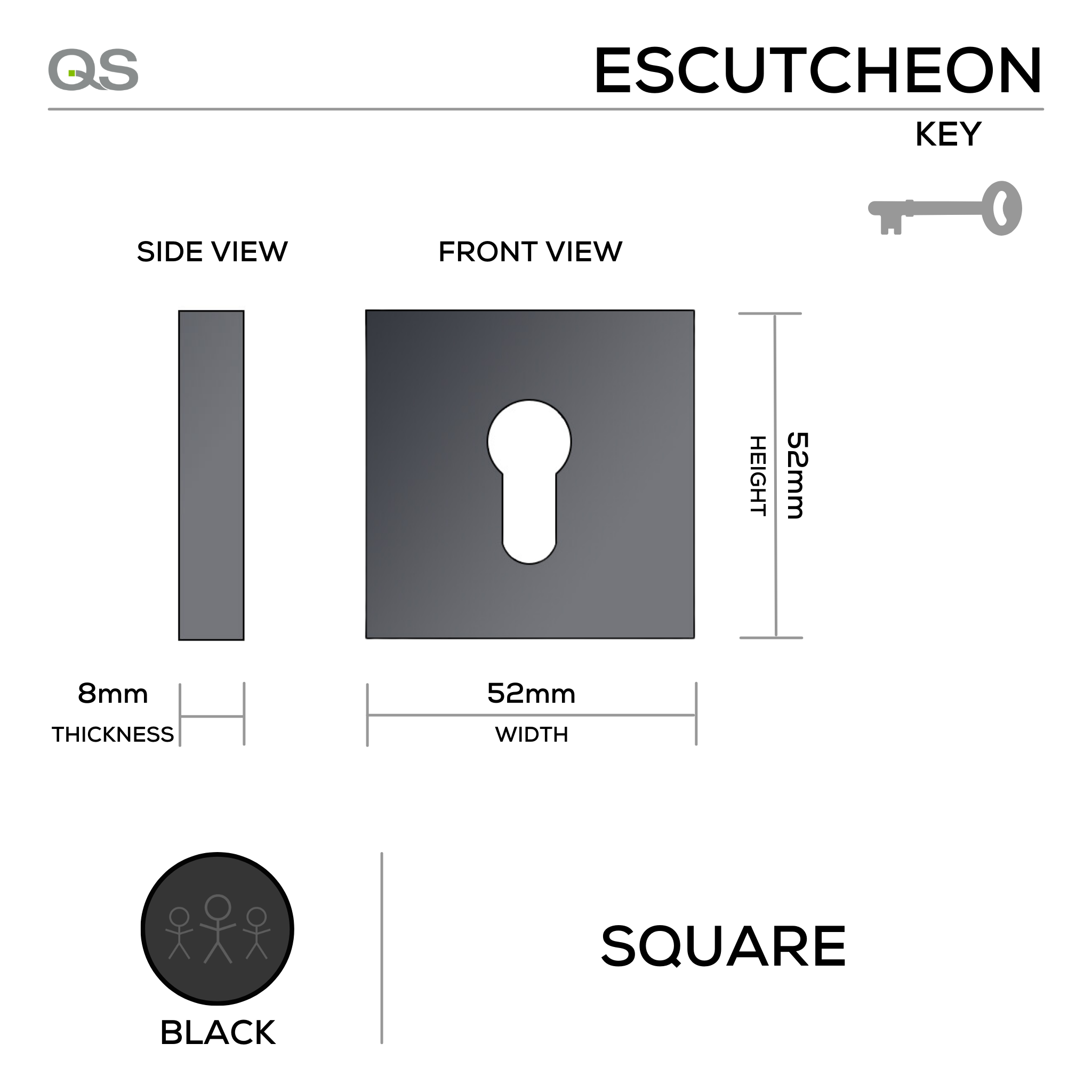 QS4473 BLACK, Cylinder Escutcheon, Square Rose, 52mm (h) x 52mm (w) x 8mm (t), Black, QS