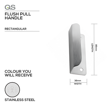 Main product view of QS Stainless Steel Pull Handle, made for doors with strong stainless style, 85mm (l) x 36mm (w).