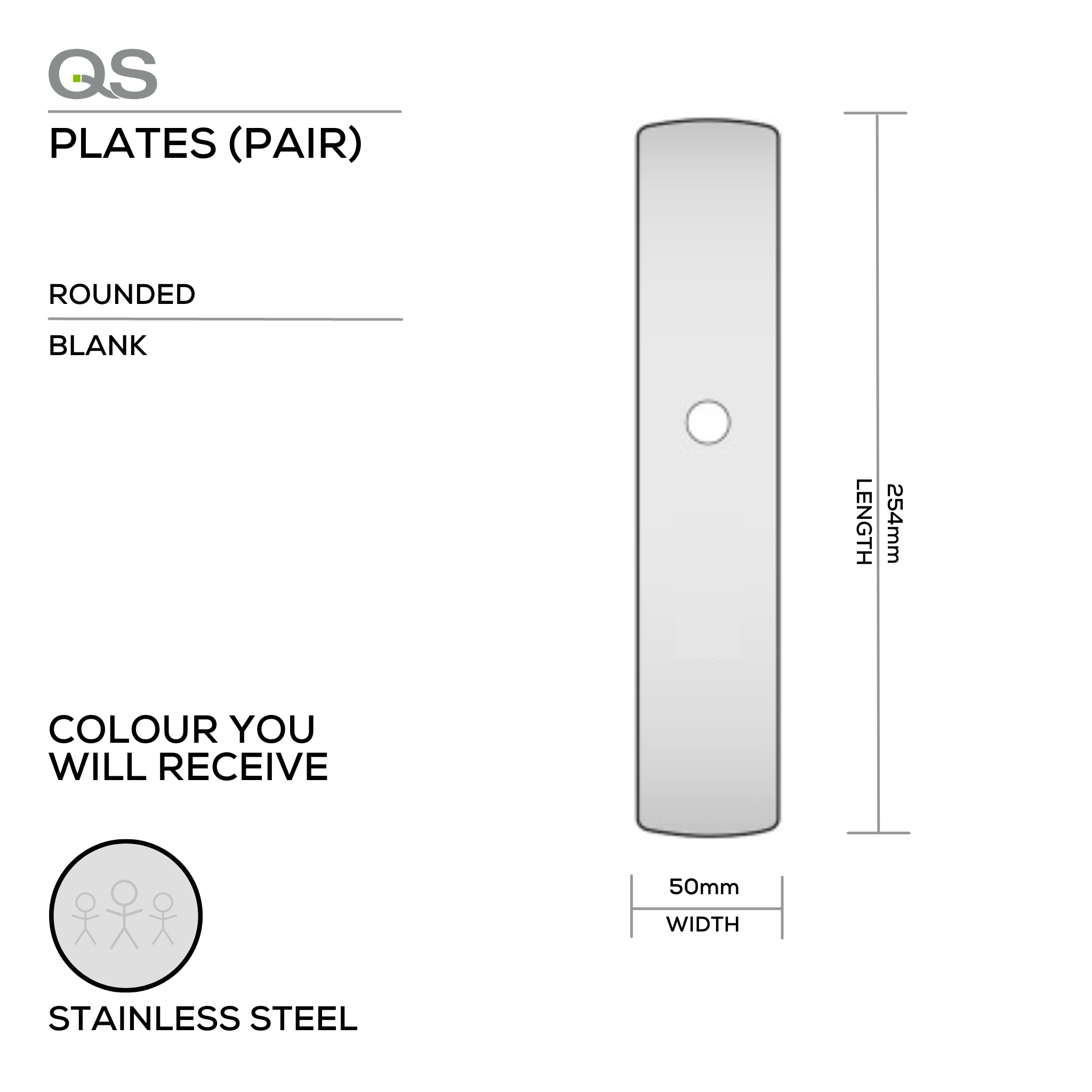 QS4482 BLANK, Plate, Rounded, 254mm (l) x 50mm (w), Supplied with QS Handle, Stainless Steel, QS