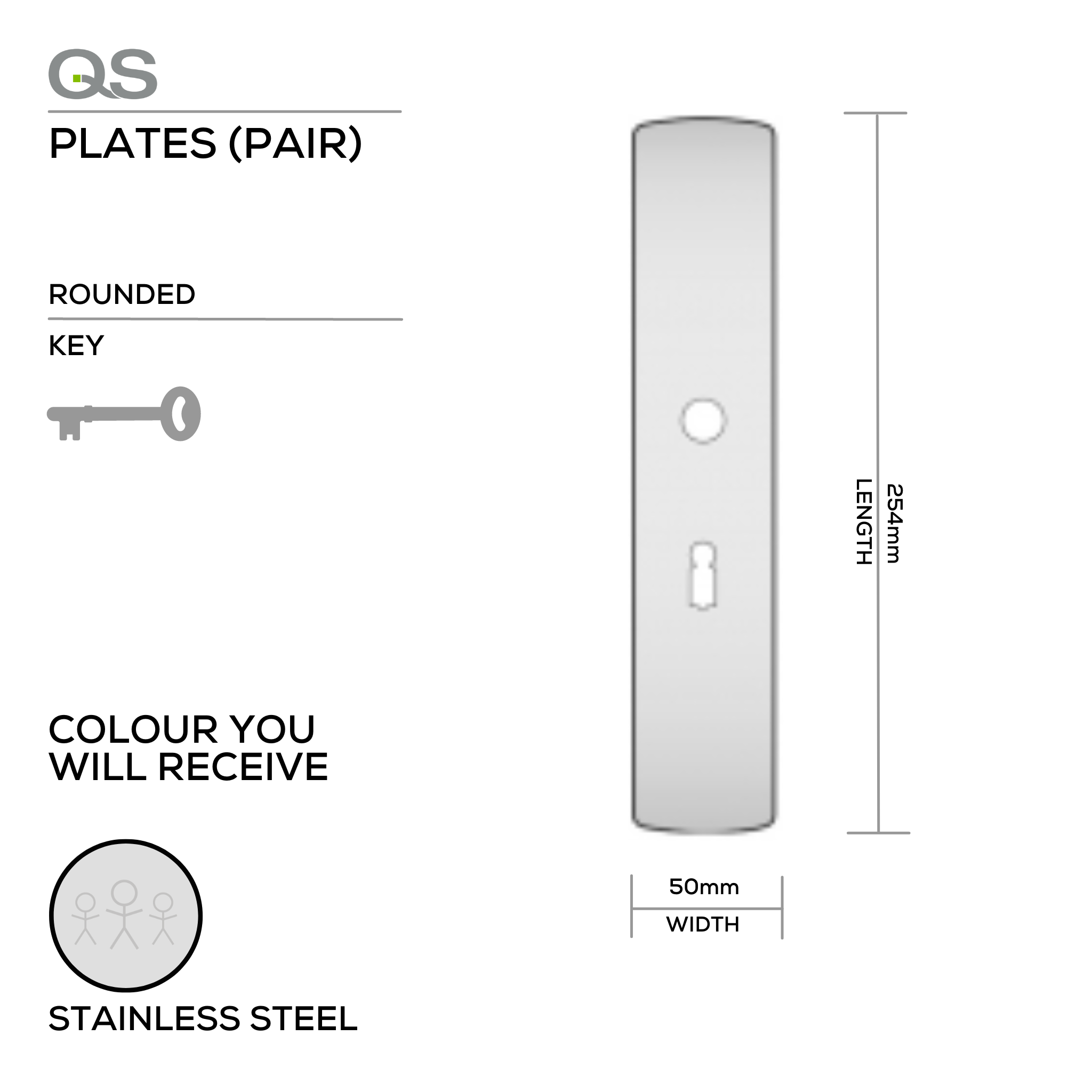 QS4482 KH, Plate, Rounded, 254mm (l) x 50mm (w), Supplied with QS Handle, Stainless Steel, QS