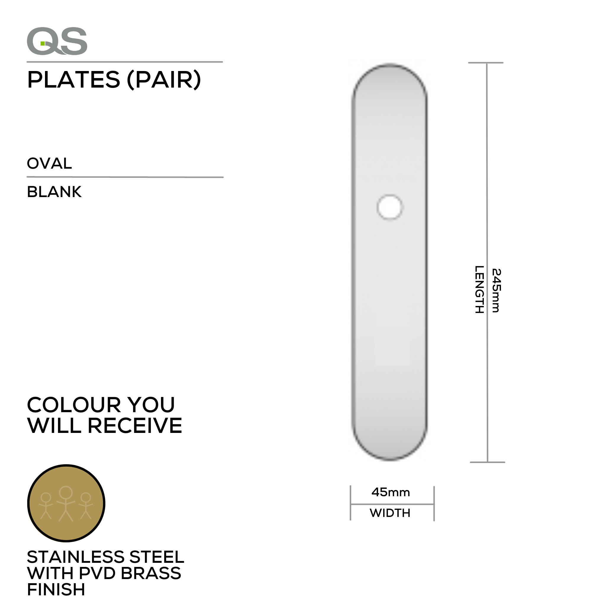 QS4484 PVD BLANK, Plate, Blank, Oval, Supplied with QS Handle, PVD Brass, QS