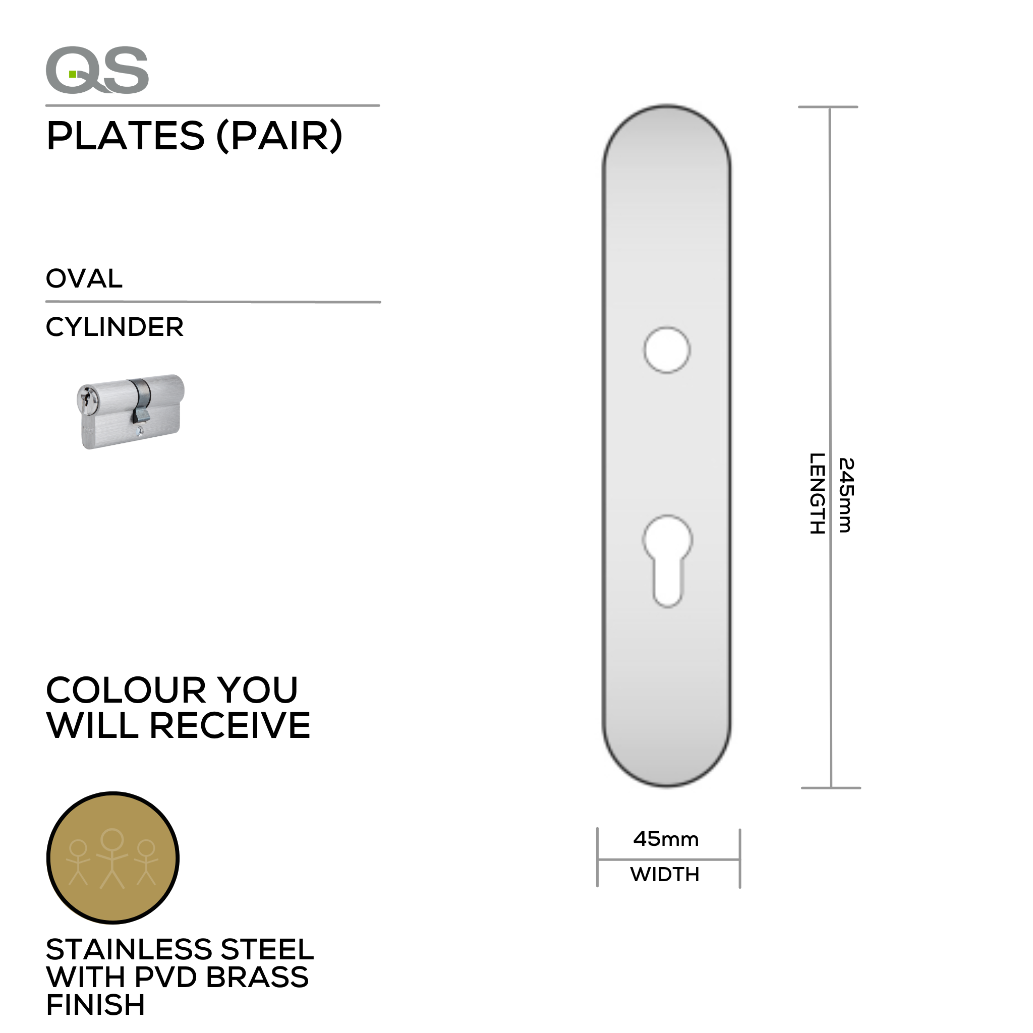 QS4484 PVD CYL, Plate, Cylinder, Oval, Supplied with QS Handle, PVD Brass, QS