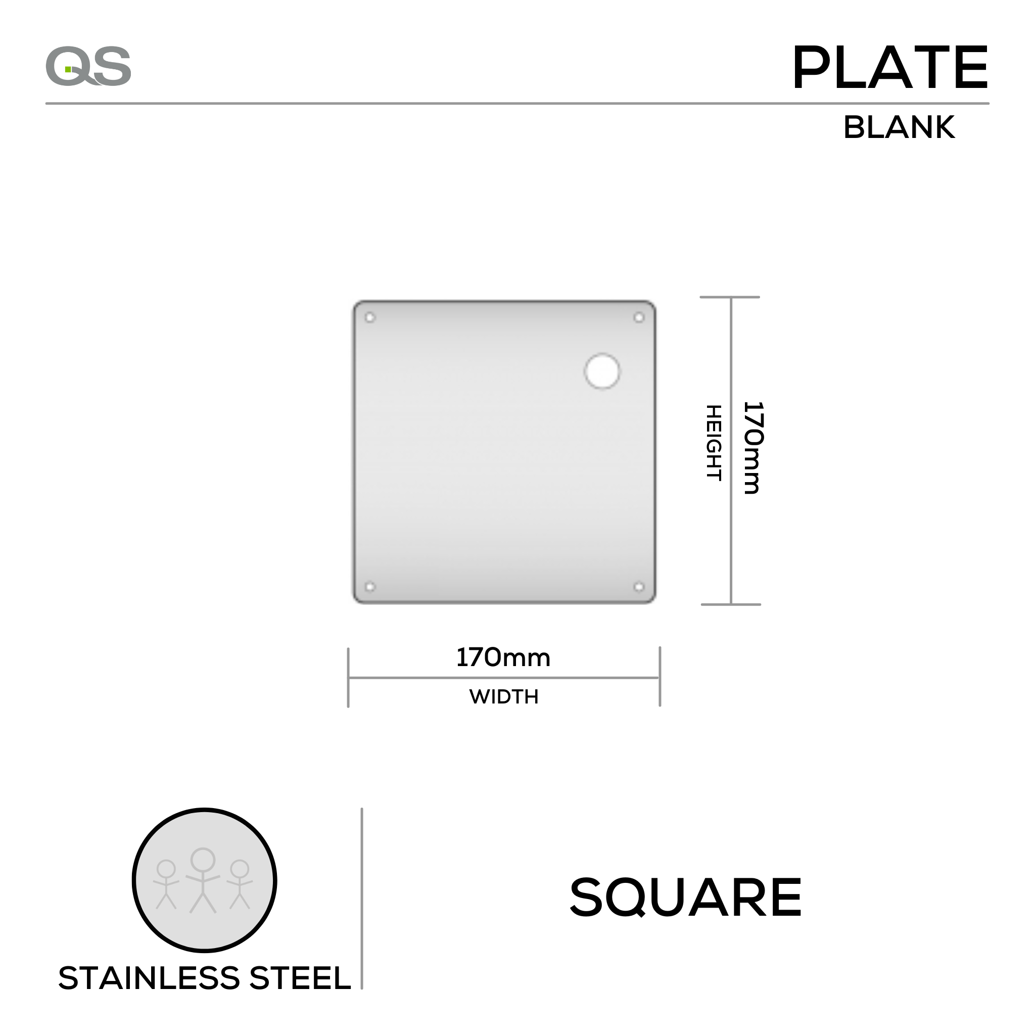 QS4485 BLANK, Plate, Square, 254mm (l) x 50mm (w), Supplied with QS Handle, Stainless Steel, QS