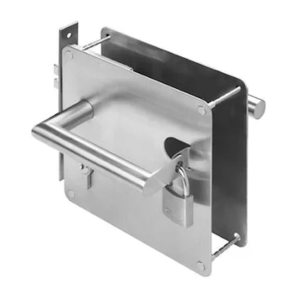 Alternate angle showing QS Stainless Steel Backplate Lever Handles — tough stainless shine for commercial security doors, left or right hand.