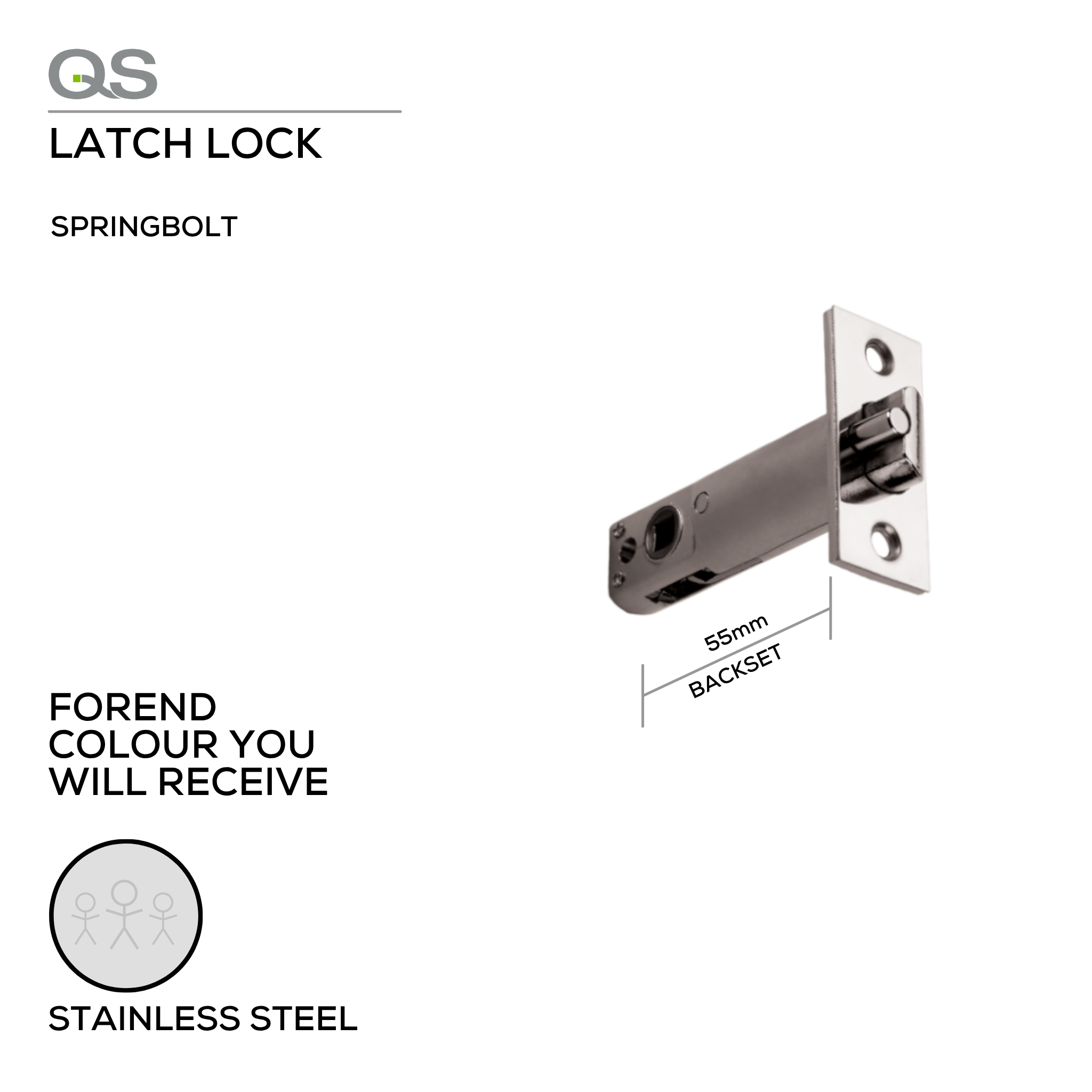 QS6002/J SS, Springbolt, Latch Lock, 55mm (Backset), Stainless Steel, QS