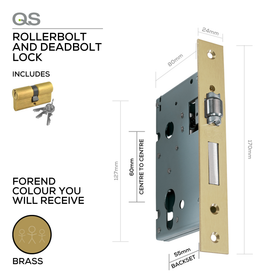QS6055/3/PB, Adjustable Roller Bolt, Rollerbolt & Deadbolt Lock, Heavy Duty, Euro Cylinder, Including QS1104PB Cylinder, 55mm (Backset), 60mm (ctc), Brass, QS