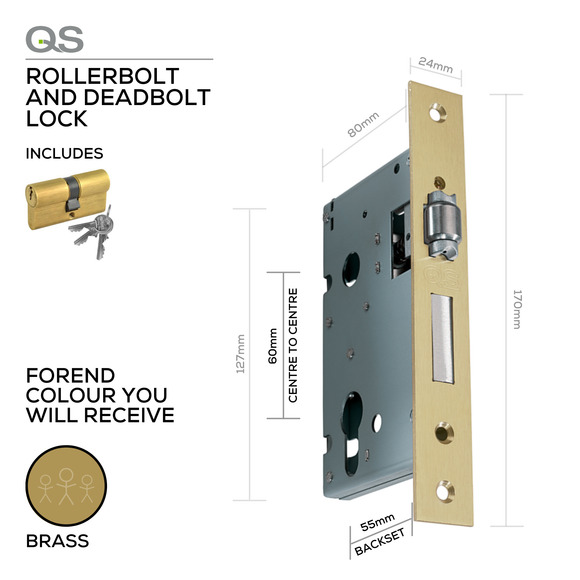 QS6055/3/PB, Adjustable Roller Bolt, Rollerbolt & Deadbolt Lock, Heavy Duty, Euro Cylinder, Including QS1104PB Cylinder, 55mm (Backset), 60mm (ctc), Brass, QS