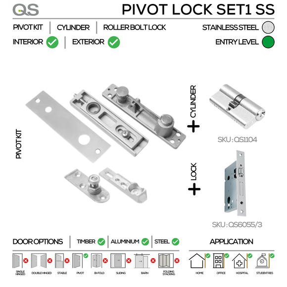 Standard Pivot Lock Set, Up to 100kg, Stainless Steel, QS