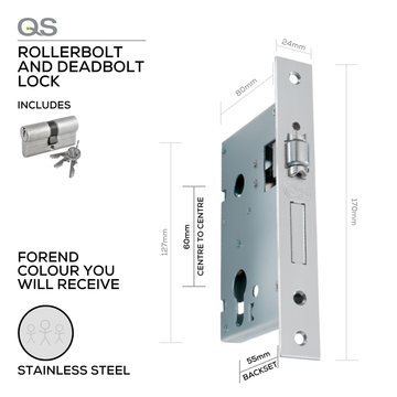 QS Stainless Steel Rollerbolt & Deadbolt Lock shown in main product view, giving Pivot Door clean stainless confidence.