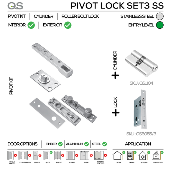 Heavy Duty Pivot Lock Set, Up to 250kg, Stainless Steel, QS
