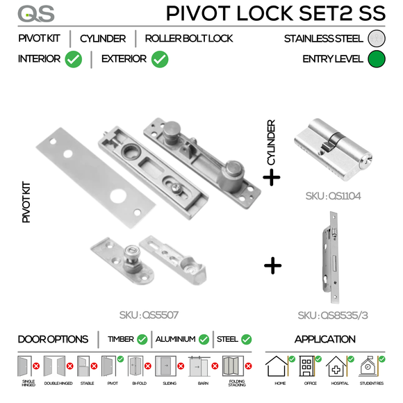 Standard Narrow Style Pivot Lock Set, Up to 100kg, Stainless Steel, QS