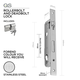QS8535/3SS, Narrow Style, Rollerbolt Lock & Deadbolt, Euro Cylinder, Including QS1104SS Cylinder, 35mm (Backset), 85mm (ctc), Stainless Steel, QS