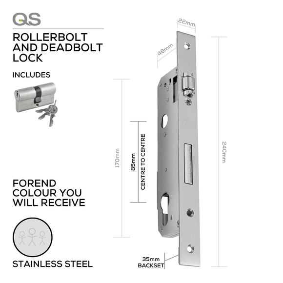 QS8535/3SS, Narrow Style, Rollerbolt Lock & Deadbolt, Euro Cylinder, Including QS1104SS Cylinder, 35mm (Backset), 85mm (ctc), Stainless Steel, QS