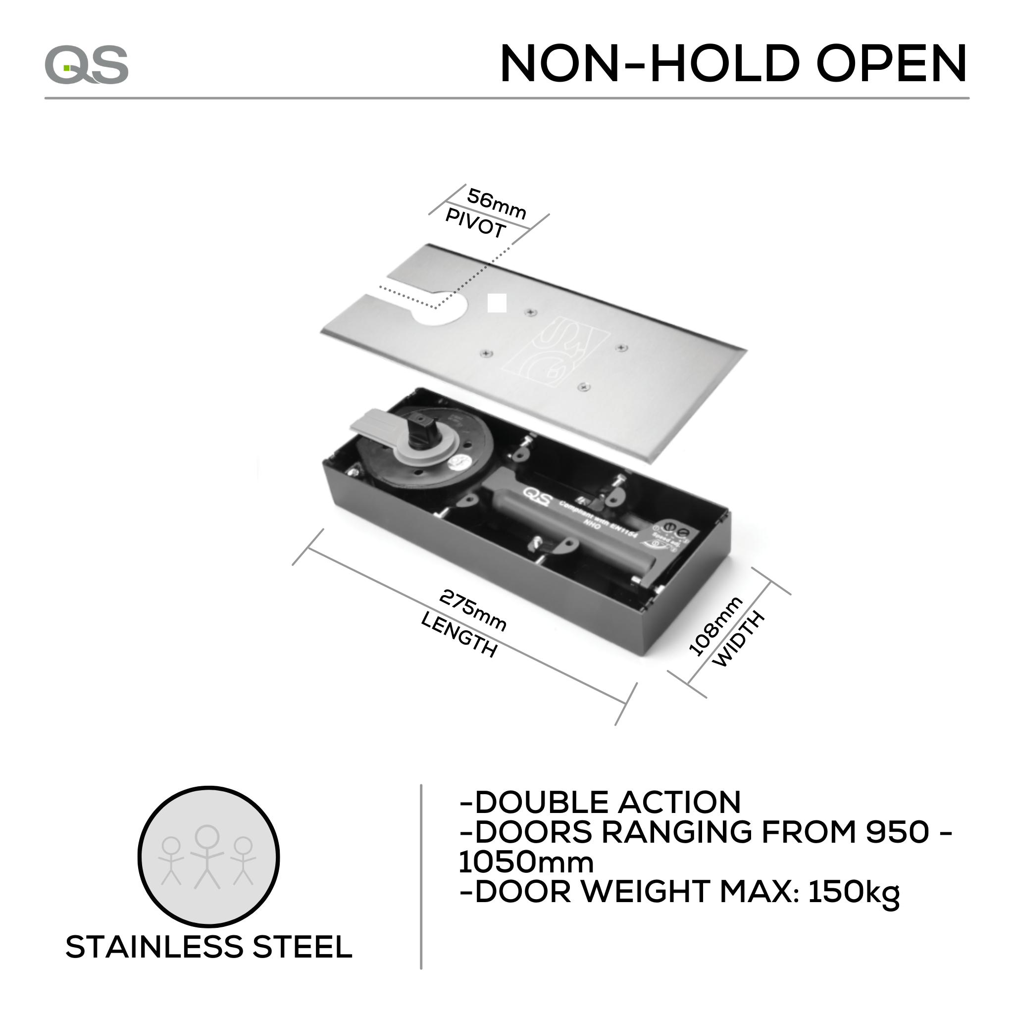 QS880/3 NHO, Floorspring, Double Action, Non-Hold Open, 150mm (kg), 3, Top Centre, Bottom Strap, Stainless Steel, QS