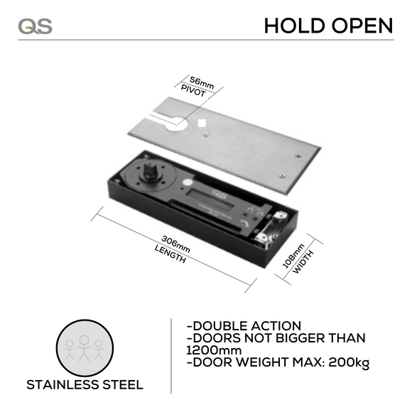 QS895/5 HO, Floorspring, Double Action, Hold Open, 5, Top Centre, Bottom Strap, Stainless Steel, QS