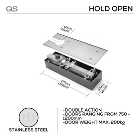 QS899V HO, Floorspring, Double Action, Hold Open, 200mm (kg), 1/2/3/4, Top Centre, Bottom Strap, Stainless Steel, QS