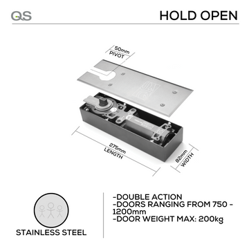 QS Aluminium Floor Spring shown in main product view, giving Aluminium Door solid gear with a sharp finish, Up to 150kg, hold open.