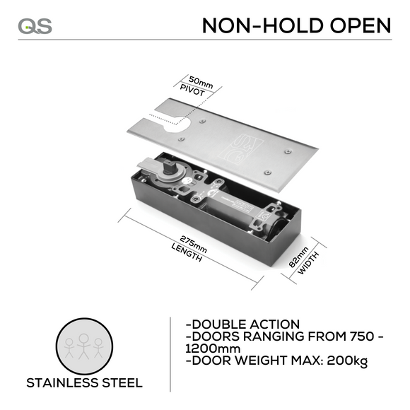 QS899V NHO, Floorspring, Double Action, Non-Hold Open, 200(kg), 1/2/3/4, Top Centre, Bottom Strap, Stainless Steel, QS