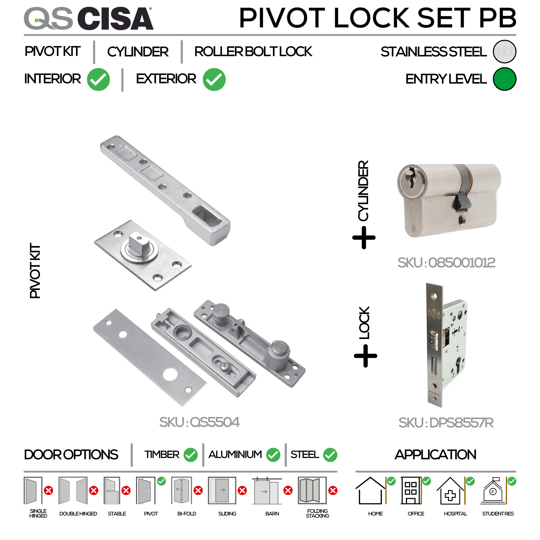 Iso Lock Pivot Heavy Duty Pivot Lock Set, Up to 250kg, Stainless Steel, Mixed Solutio ...