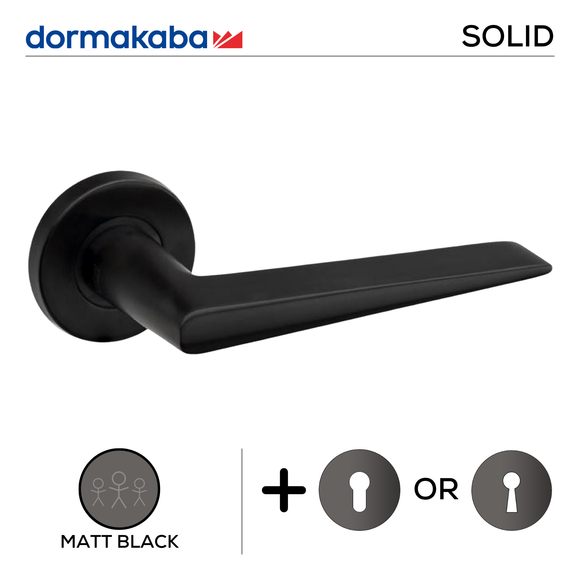 Main product view of DORMAKABA Matt Black Lever Handle, made for patio and sliding doors with dark, sleek, and ready to stand out.