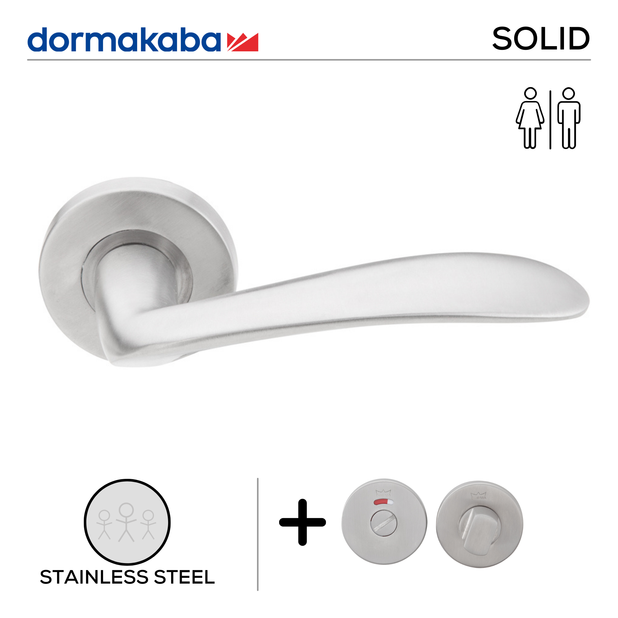 SH 810 Bathroom W/C, Lever Handles, Solid, On Round Rose, With Bathroom (WC) Indicator Set - DWC 005, 131mm (l), Stainless Steel, DORMAKABA