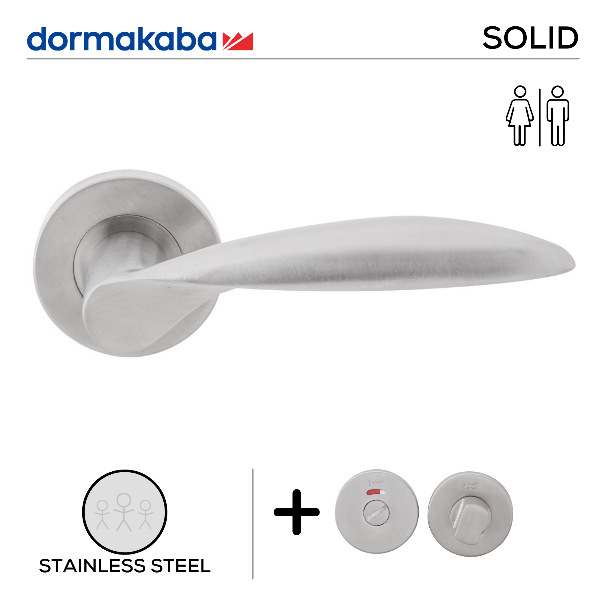 SH 811 Bathroom W/C, Lever Handles, Solid, On Round Rose, With Bathroom (WC) Indicator Set - DWC 005, 143mm (l), Stainless Steel, DORMAKABA