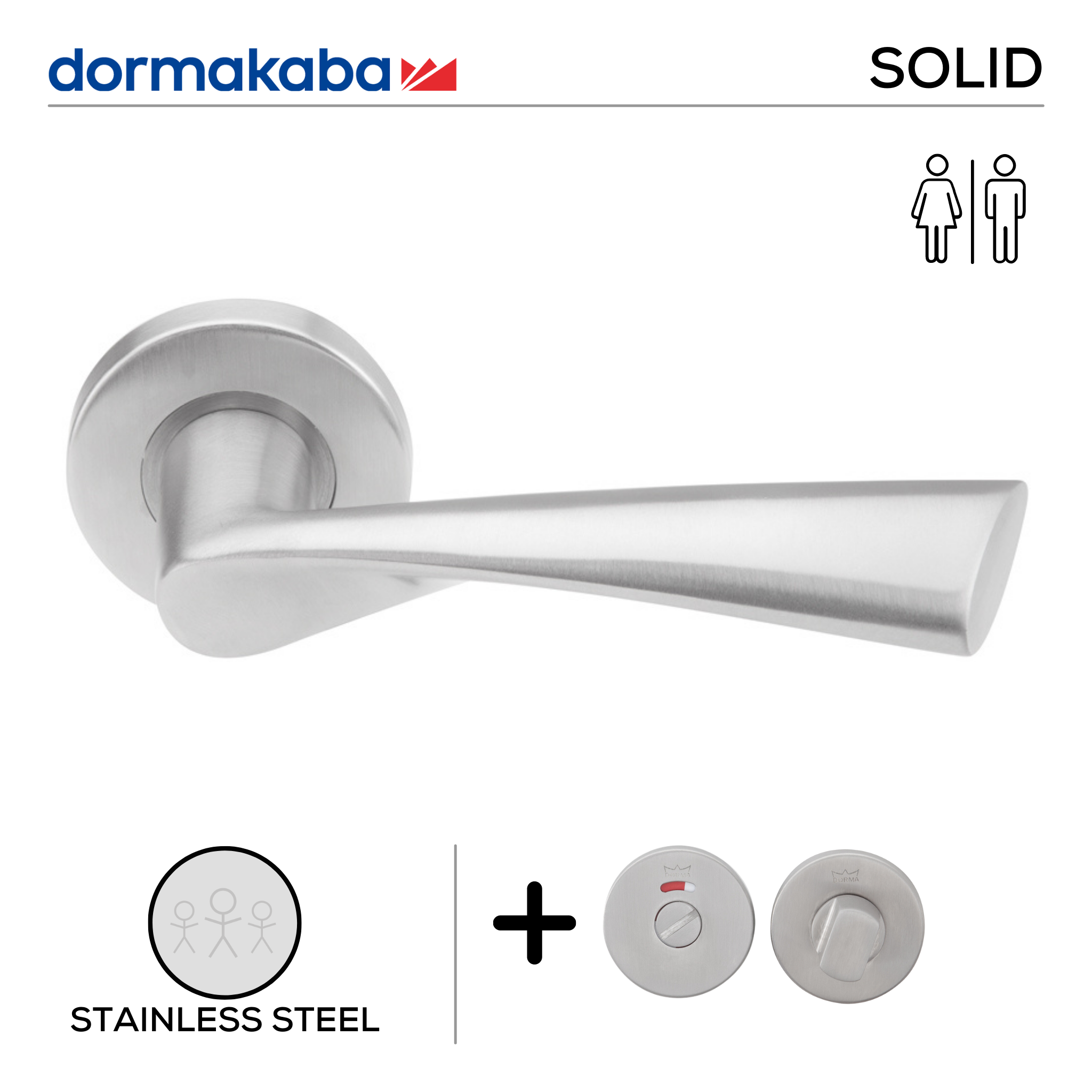 SH 815 Bathroom W/C, Lever Handles, Solid, On Round Rose, With Bathroom (WC) Indicator Set - DWC 005, 139mm (l), Stainless Steel, DORMAKABA