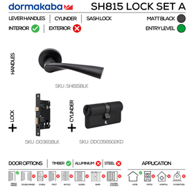 SH815 Cylinder Lockset A, Lever Handles, Solid, On Round Rose, With Escutcheons, 137mm (l), Matt Black, Sash Lock & Euro Cylinder Set, DORMAKABA