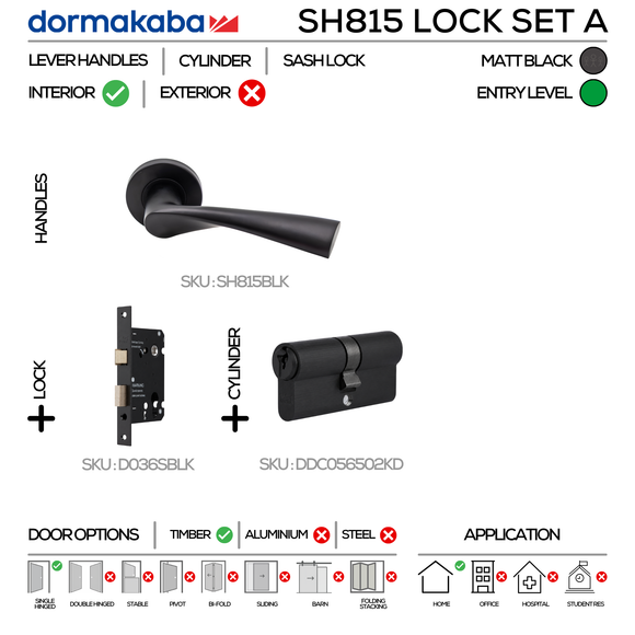 SH815 Cylinder Lockset A, Lever Handles, Solid, On Round Rose, With Escutcheons, 137mm (l), Matt Black, Sash Lock & Euro Cylinder Set, DORMAKABA