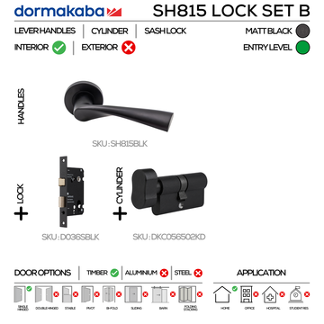 SH815 KNOB Lockset B, Lever Handles, Solid, On Round Rose, With Escutcheons, 137mm (l), Matt Black, Sash Lock & Knob Cylinder Set, DORMAKABA