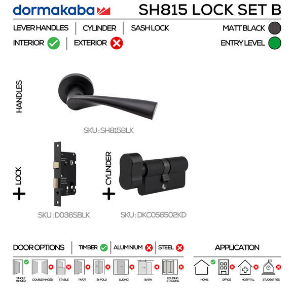 SH815 KNOB Lockset B, Lever Handles, Solid, On Round Rose, With Escutcheons, 137mm (l), Matt Black, Sash Lock & Knob Cylinder Set, DORMAKABA