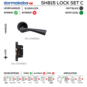 SH815 Key Lockset C, Lever Handles, Solid, On Round Rose, With Escutcheons, 137mm (l), Matt Black, 3L Sash Lock Set, DORMAKABA