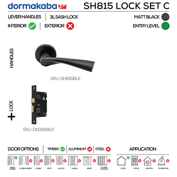 SH815 Key Lockset C, Lever Handles, Solid, On Round Rose, With Escutcheons, 137mm (l), Matt Black, 3L Sash Lock Set, DORMAKABA