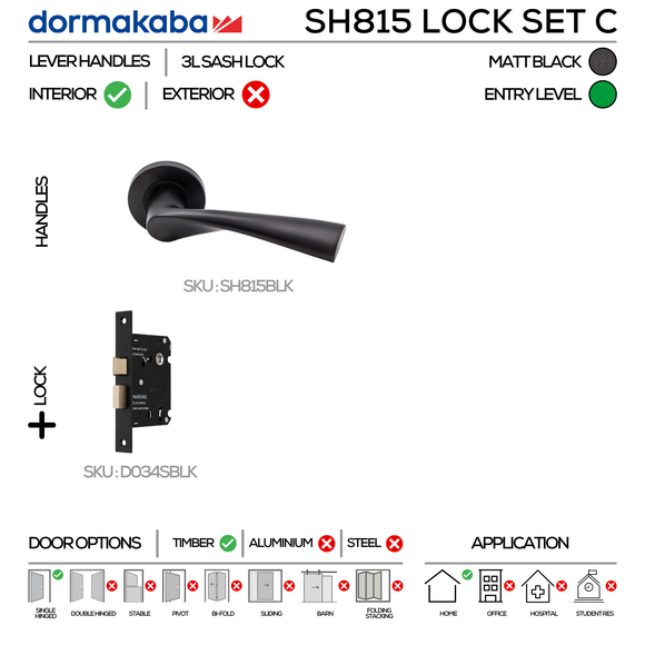 SH815 Key Lockset C, Lever Handles, Solid, On Round Rose, With Escutcheons, 137mm (l), Matt Black, 3L Sash Lock Set, DORMAKABA