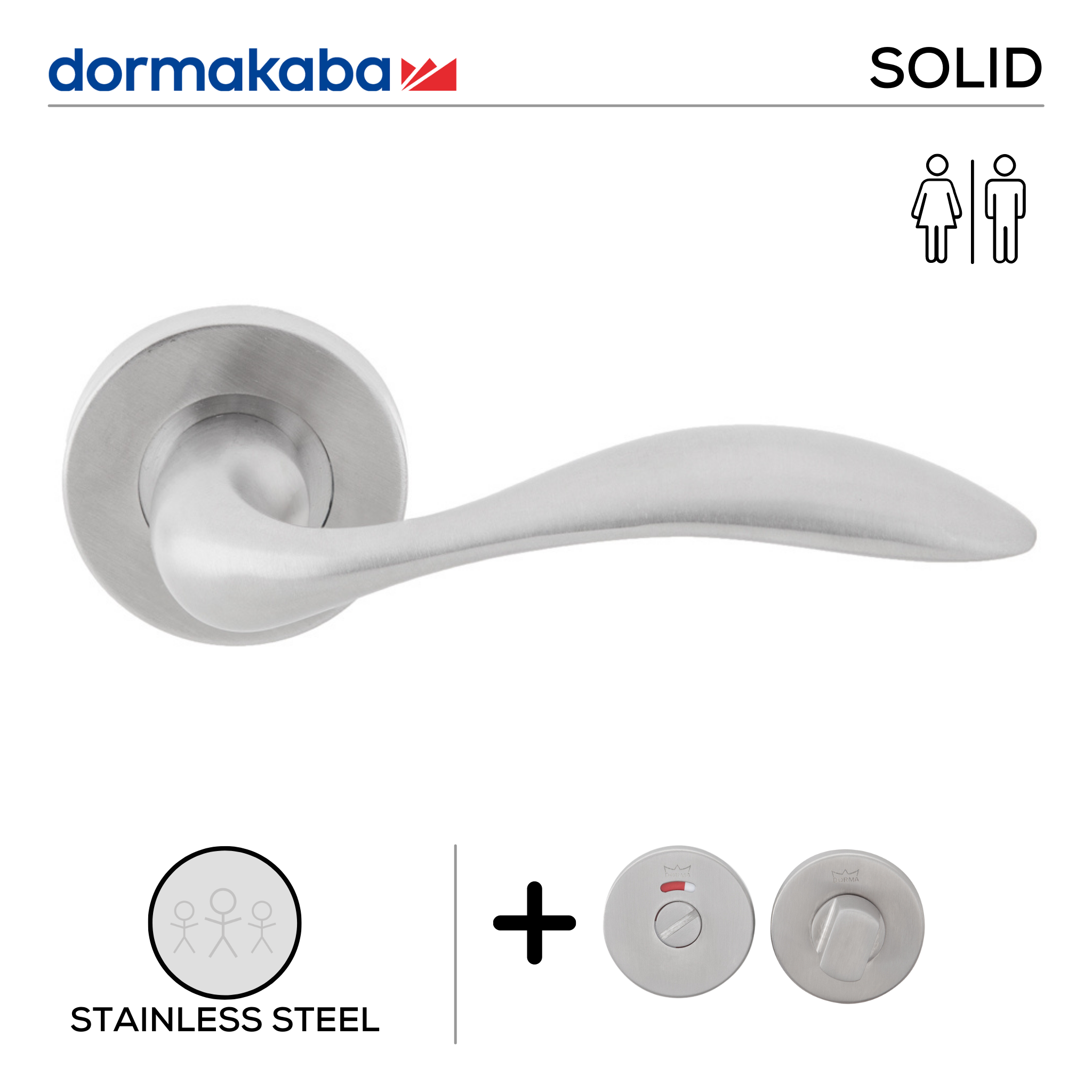 SH 817 Bathroom W/C, Lever Handles, Solid, On Round Rose, With Bathroom (WC) Indicator Set - DWC 005, 145mm (l), Stainless Steel, DORMAKABA