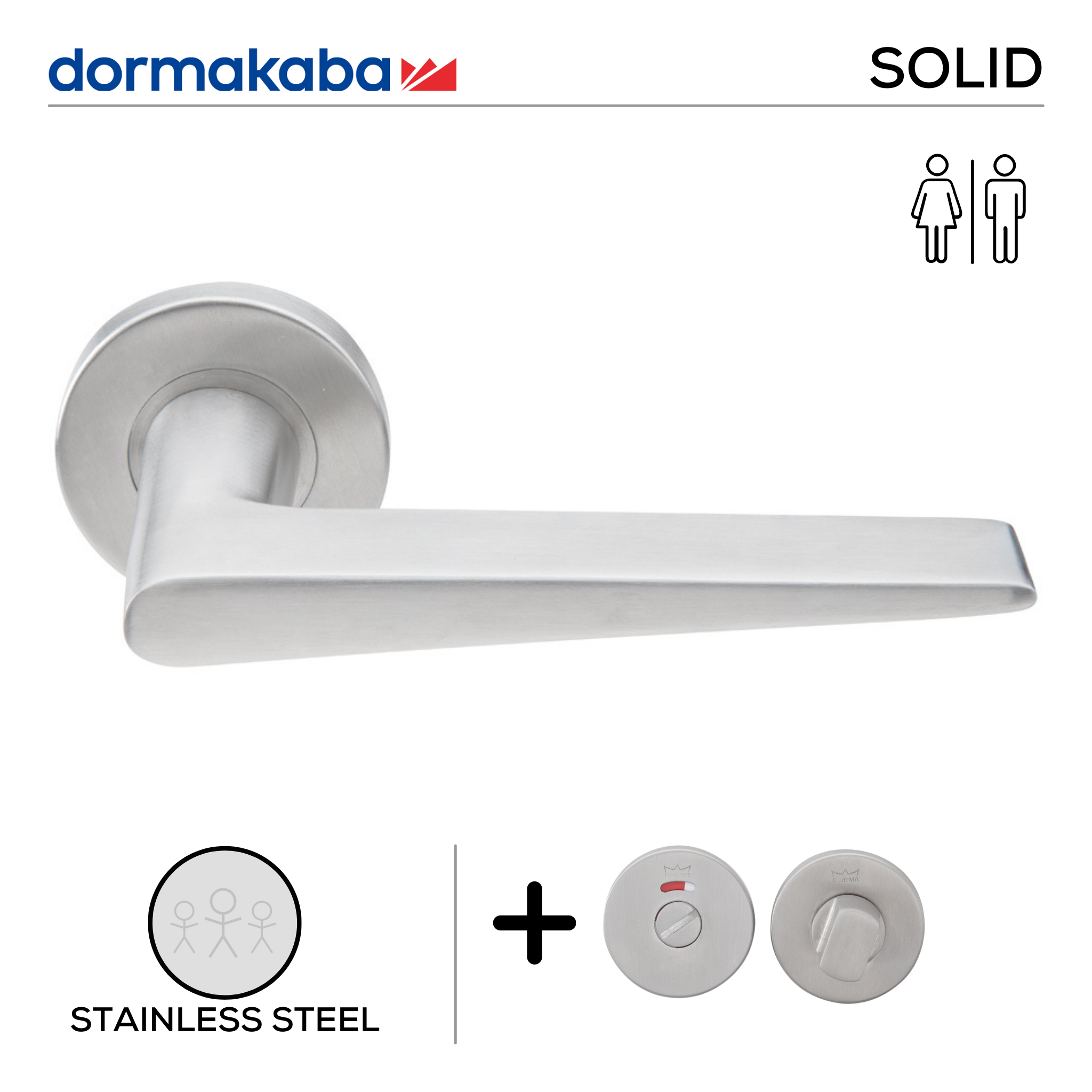 SH 821 Bathroom W/C, Lever Handles, Solid, On Round Rose, With Bathroom (WC) Indicator Set - DWC 005, 143mm (l), Stainless Steel, DORMAKABA