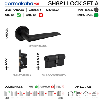 SH821 Cylinder Lockset A, Lever Handles, Solid, On Round Rose, With Escutcheons, 137mm (l), Matt Black, Sash Lock & Euro Cylinder Set, DORMAKABA