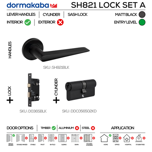 SH821 Cylinder Lockset A, Lever Handles, Solid, On Round Rose, With Escutcheons, 137mm (l), Matt Black, Sash Lock & Euro Cylinder Set, DORMAKABA