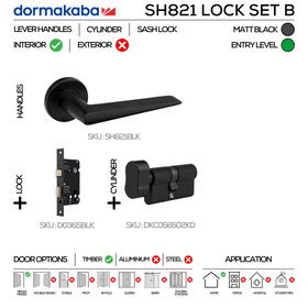 SH821 KNOB Lockset B, Lever Handles, Solid, On Round Rose, With Escutcheons, 137mm (l), Matt Black, Sash Lock & Knob Cylinder Set, DORMAKABA